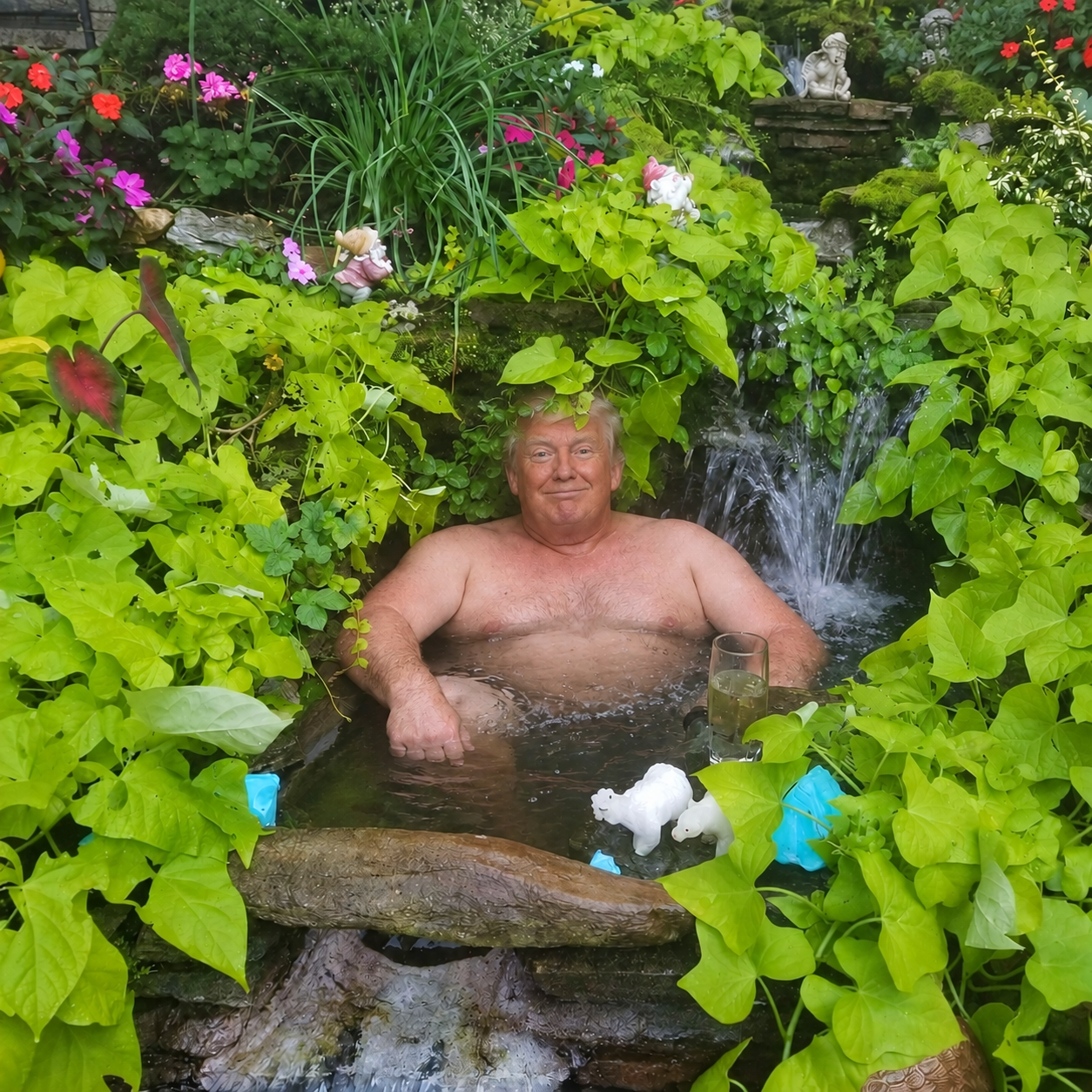 Donald Swamp relaxing in a lush garden pond under a waterfall